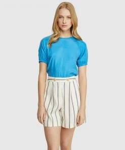 Oxford Hannah Woven Front T-Shirt Blue