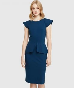 Oxford Bella Peplum Ponti Dress Petrol Blue
