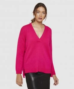 Oxford Kitty Soft Relax V-Neck Knit Fuchsia