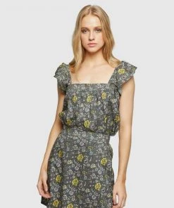 Oxford Lucielle Cotton Paisley Print Top Charcoal