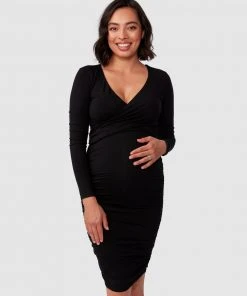 Pea in a Pod Maternity Bailey Crossover Long Sleeve Nursing Dress Black