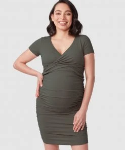 Pea in a Pod Maternity Bailey Crossover Nursing Dress Khaki