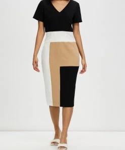 Pink Ruby Colour Block V Front Dress Black Beige White