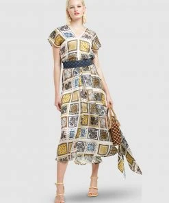 SACHA DRAKE Hey-Day Midi Dress Mustard Scarf Print