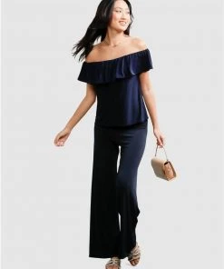 SACHA DRAKE Off-Shoulder Frill Top Navy