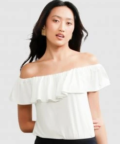SACHA DRAKE Off-Shoulder Frill Top Ivory