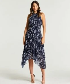 Stella Fuzzy Spot Ruffle Halter Dress Navy/Milk