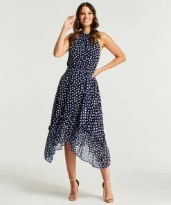 Stella Fuzzy Spot Ruffle Halter Dress Navy/Milk -Deals The Style Setters Store http3A2F2Fstatic.theiconic.com .au2Fp2Fstella 1429 9867551 4