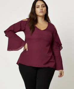 You & All Plus Cold Shoulder Ruffle Sleeve Top WINE